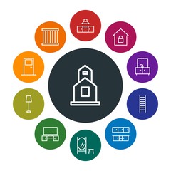 buildings, furniture, housekeeping Infographic Colorful outline Icons Set. Contains such Icons as  safety,  architecture,  justice,  catholic, kitchen,  room and more. Fully Editable. Pixel Perfect