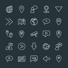 Modern Simple Set of location, arrows, chat and messenger, security Vector outline Icons. Contains such Icons as  down,  right,  star,  city and more on dark background. Fully Editable. Pixel Perfect.