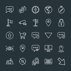 Modern Simple Set of location, arrows, chat and messenger, security Vector outline Icons. Contains such Icons as  world,  globe,  online and more on dark background. Fully Editable. Pixel Perfect.