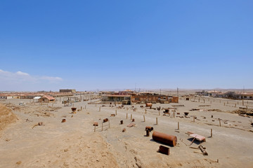 Abandoned Humberstone and Santa Laura saltpeter works factory, near Iquique, northern Chile, South America. This abandoned nitrate town was extremely important for the early economy of Chile.