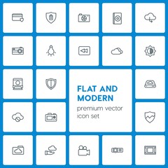 Modern Simple Set of cloud and networking, security, video, photos Vector outline Icons. Contains such Icons as shield,  document,  caption and more on dark background. Fully Editable. Pixel Perfect