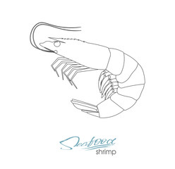 Silhouette shrimp. Linear silhouette shrimp. Shrimps badge for design seafood packaging and market, food packaging or underwater sea animal themed design. Vector illustration.