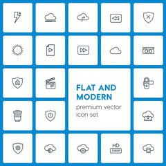 Modern Simple Set of cloud and networking, security, video, photos Vector outline Icons. Contains such Icons as sunny,  safety,  server,  sky and more on dark background. Fully Editable. Pixel Perfect