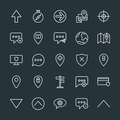 Modern Simple Set of location, arrows, chat and messenger, security Vector outline Icons. Contains such Icons as  smartphone,  marketing, up and more on dark background. Fully Editable. Pixel Perfect.