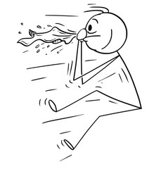 Obraz premium Cartoon stick man drawing conceptual illustration of man blown by sneeze or nose blow. Concept of allergy, cold and health.