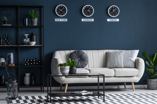 Living room interior with clocks