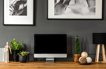 Close-up of an empty computer screen with a place for your graphic next to a plant, lamp and...