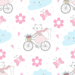 Seamless pattern with cute little cat. vector illustration