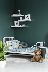 Teddy bear toy by a white twin bed in a dark green bedroom interior for a child with white decor and a plant