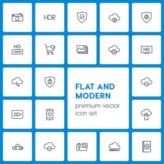Modern Simple Set of cloud and networking, security, video, photos Vector outline Icons. Contains such Icons as hd,  television,  business and more on dark background. Fully Editable. Pixel Perfect