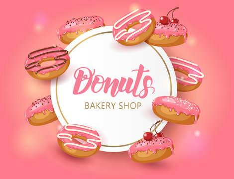Vector Sweet background Frame with pink glazed donuts with cherry and powder. Desert for menu and banners. Food design
