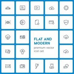 Modern Simple Set of cloud and networking, security, video, photos Vector outline Icons. Contains such Icons as camera,  flash, cloud, light and more on dark background. Fully Editable. Pixel Perfect