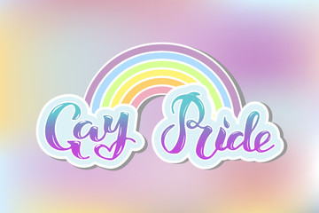 Gay Pride text as cloud with rainbow isolated on background. Hand written lettering Gay Pride as logo, badge, patch. Template for lgbt community, party invitation, festival, parade, greeting card, web