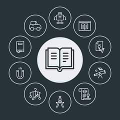 education, kids and toys Infographic Circle outline Icons Set. Contains such Icons as  technology,  sky,  automobile, geometry,  math,  literature, baby, droid and more. Fully Editable. Pixel Perfect