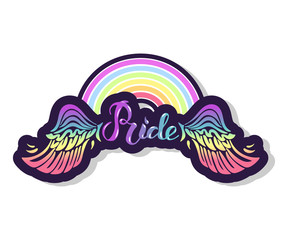 Pride text with wings & rainbow is on background. Hand drawn lettering Pride as logo, badge, icon, patch. Template for lgbt community, party invitation, carnival, festival, parade, greeting card, web