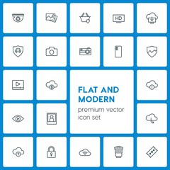 Modern Simple Set of cloud and networking, security, video, photos Vector outline Icons. Contains such Icons as  house,  camera,  television and more on dark background. Fully Editable. Pixel Perfect