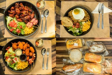 chicken, shrimp, bread, rice on some dishes 