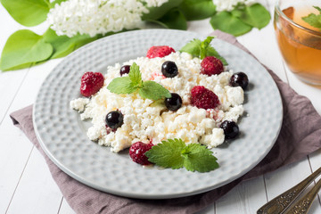 Russian cottage cheese with berries, honey mint, selective focus, healthy Breakfast