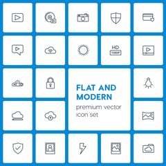 Modern Simple Set of cloud and networking, security, video, photos Vector outline Icons. Contains such Icons as cloud,  lock,  panoramic,  cd and more on dark background. Fully Editable. Pixel Perfect