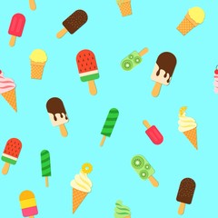 Ice Cream repeat seamless pattern in trandy paper cut style.. Tasty bright icecream stick and cones summer on blue background for package design Vector card illustration in papercutting art style.