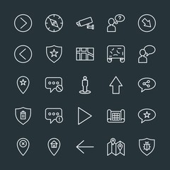 Modern Simple Set of location, arrows, chat and messenger, security Vector outline Icons. Contains such Icons as  east,  bug,  faq, delete and more on dark background. Fully Editable. Pixel Perfect.