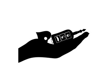 Vector silhouette of hand show of cars key on white background.