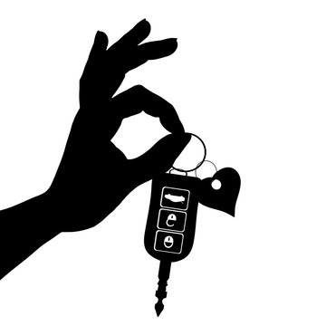 Vector silhouette of hand show of cars key on white background.