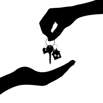 Vector silhouette of hand give of keys from the house other people.