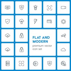 Modern Simple Set of cloud and networking, security, video, photos Vector outline Icons. Contains such Icons as  high, background, disc, hd and more on dark background. Fully Editable. Pixel Perfect