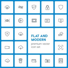 Modern Simple Set of cloud and networking, security, video, photos Vector outline Icons. Contains such Icons as  photography,  search,  eye and more on dark background. Fully Editable. Pixel Perfect