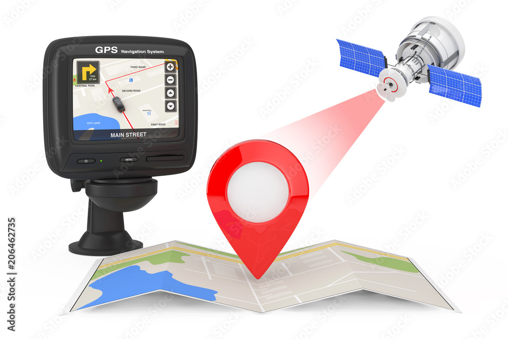 Poster modern satelite broadcasting to navigation map with map pointer near navigation gps device with city