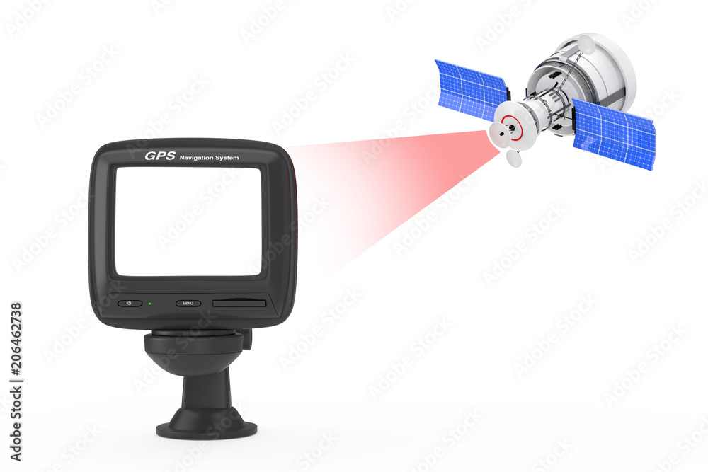 Poster modern satelite broadcasting to navigation gps device with blank screen. 3d rendering