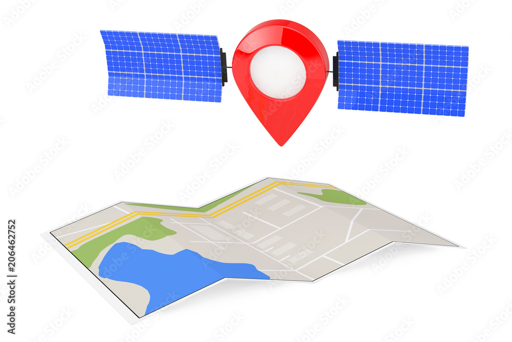 Leinwandbilder Map Pointer Pin as Satelite over Folded Abstract Navigation Map. 3d Rendering