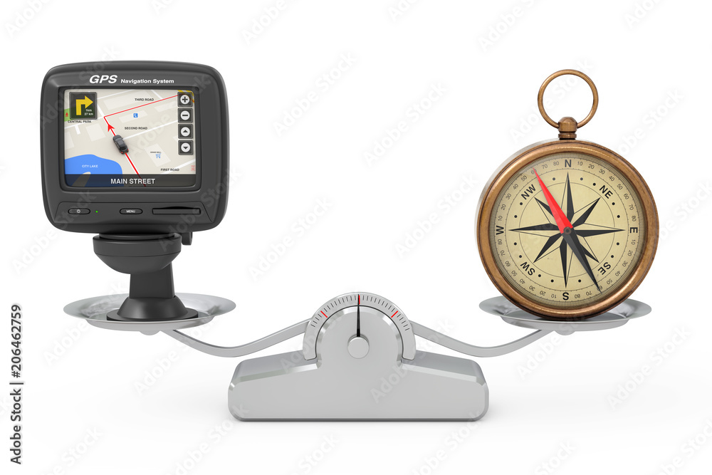 Poster navigation and global positioning system gps device with city map on the screen and bronze vintage c
