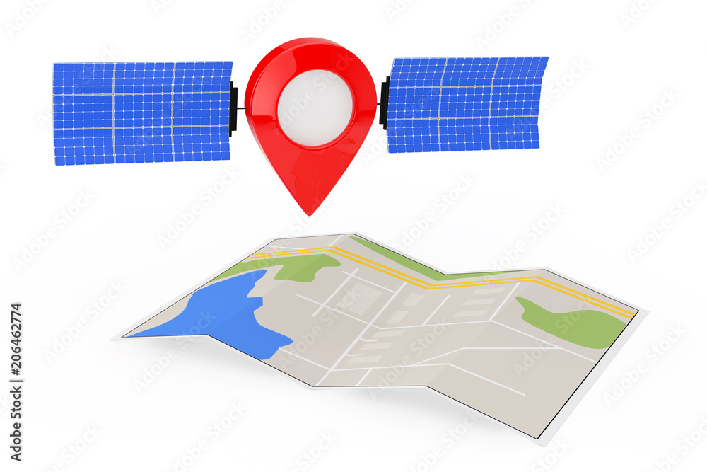 Poster map pointer pin as satelite over folded abstract navigation map. 3d rendering