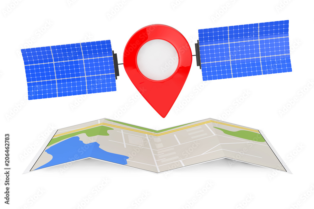 Poster map pointer pin as satelite over folded abstract navigation map. 3d rendering