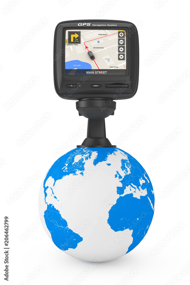 Poster navigation and global positioning system gps device with blank screen over earth globe. 3d rendering