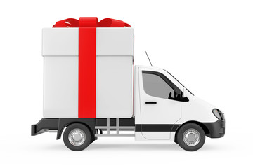 White Commercial Industrial Cargo Delivery Van Truck Loaded with Gift Box and Red Ribbon. 3d Rendering