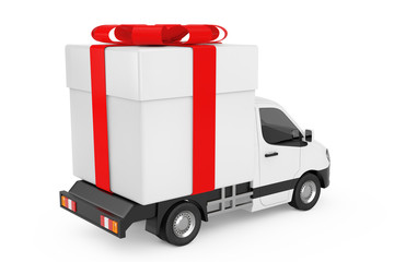 White Commercial Industrial Cargo Delivery Van Truck Loaded with Gift Box and Red Ribbon. 3d Rendering