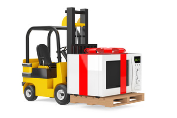 Forklift Truck moves Microwave Oven Gift with Red Ribbon and Bow. 3d Rendering