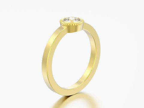3D illustration gold wedding solitaire round diamond  bezel ring