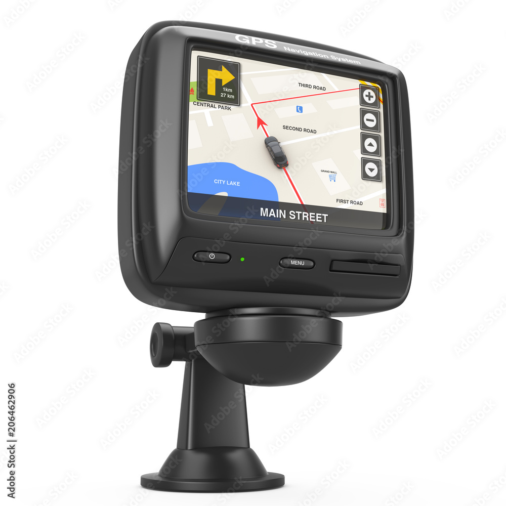 Poster navigation and global positioning system gps device with navigation city map on the screen. 3d rende