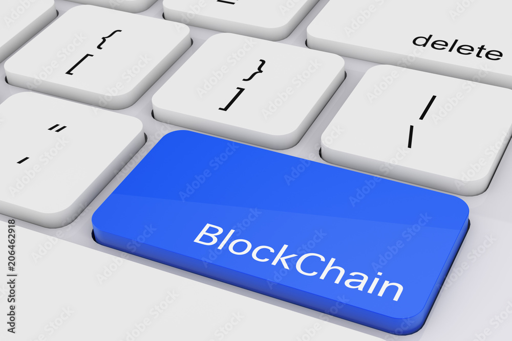 Fototapete blue blockchain key on white pc keyboard. 3d rendering