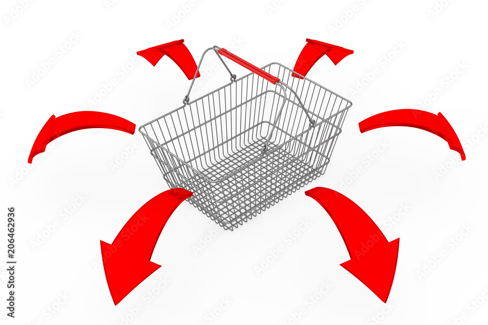 Aufkleber global shopping concept. shopping basket with glowing red direction arrows. 3d rendering