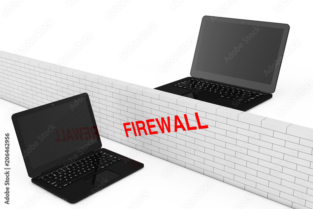 Leinwandbilder firewall concept. firewall brick wall between two security laptops. 3d rendering