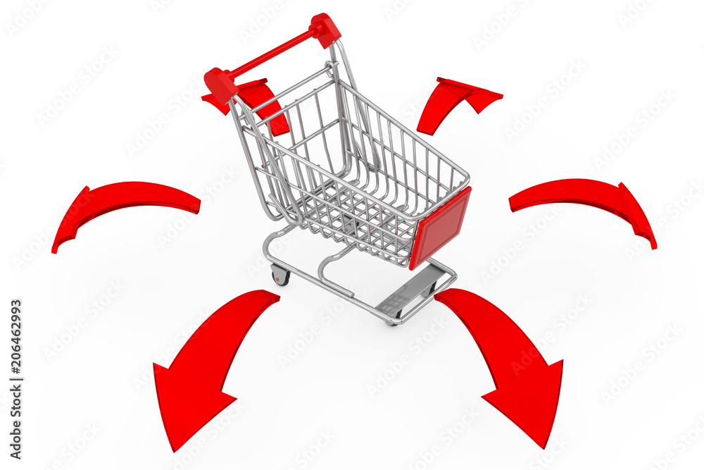 Aufkleber Global Shopping Concept. Shopping Cart Trolley with Glowing Red Direction Arrows. 3d Rendering
