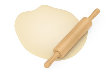 Wooden Rolling Pin with Fresh Raw Dough. 3d Rendering