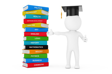 Way to Knowledge, Education and Reading concept. Person in a Graduation Cap Standing near Stack of Coloured School Books. 3d Rendering