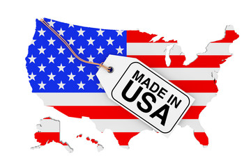 Map of USA with Flag and Made in USA Sale Tag. 3d Rendering