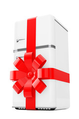 Refrigerator Gift with Red Ribbon and Bow. 3d Rendering
